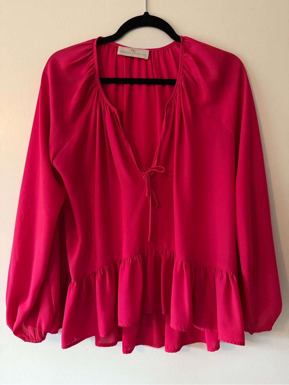 Amanda Uprichard Hot Pink Tie-Neck Ruffle Peasant Blouse